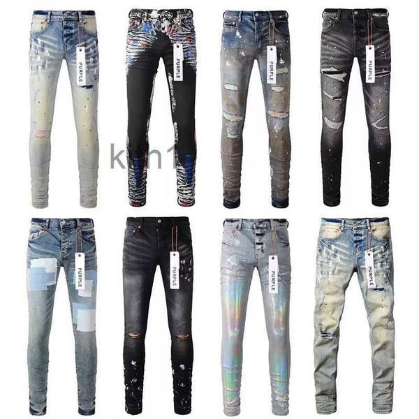 Designer-Jeans in Lila für Herren, Röhrenjeans, Motorrad, trendig, zerrissen, Patchwork, Loch, ganzjährig, schmale Beine, Großhandelsmarke 8AVX