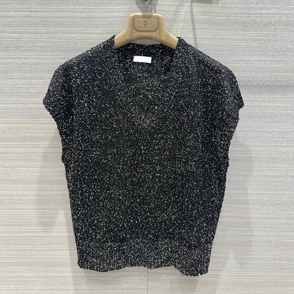 Maglione da donna Marchio di moda europeo Top in maglia senza maniche con scollo a V e paillettes grigio nero a corpo intero