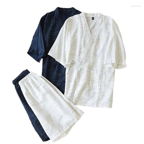 Indumenti da notte da uomo in cotone jacquard a righe Kimono giapponese a maniche corte Pantaloncini per la casa 2 pezzi Sudore estivo Stile semplice Abbigliamento casual