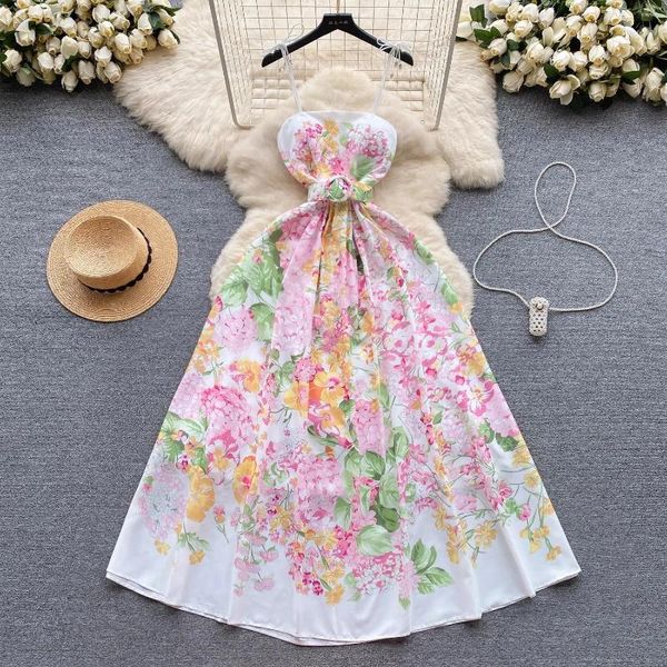 Vestidos casuais verão legal ombro boêmio vestido de linho feminino arco espaguete cinta copo acolchoado zíper volta floral impressão cinto longo vestidos