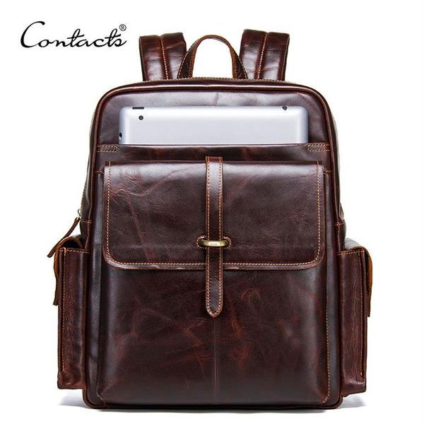 Mochila masculina de couro de couro 100% de contato para laptop de 13 polegadas Laptop de couro genuíno Bagpack masculino casual macks grande trav242v