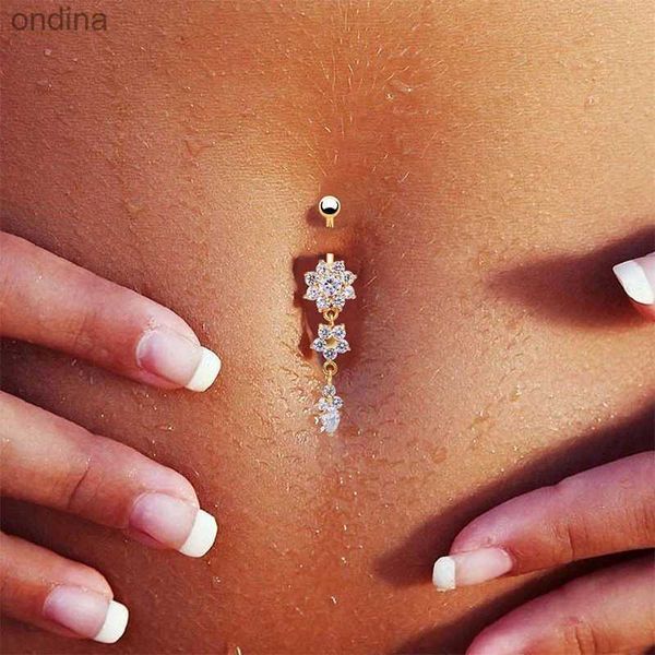 Anéis de botão de sino de umbigo nova moda sexy piercing umbigo unhas corpo jóias flor pingente de cristal umbigo anéis para mulheres meninas #77463 YQ240125