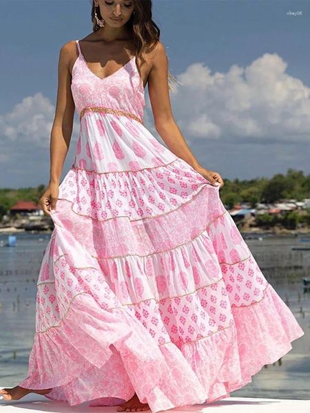 Casual Kleider Chic V-ausschnitt Gedruckt Patchwork Maxi Kleid Frauen Mode Lose Ärmellose Hosenträger Robe 2024 Dame Urlaub Strand Vestidos