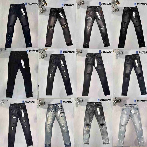 Homem roxo rasgado motociclista magro em linha reta calças skinny designer true stack moda jeans tendência marca vintage calça dos homens uw7s