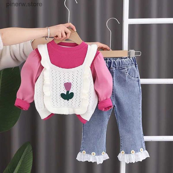 Kleidungssets 3PCS Kinder Frühling Kleidung 2024 Koreanische Mode Tulpe Gestrickte Weste + Casual T-shirts + Jeans Kinder Anzug Baby mädchen Outfit Sets