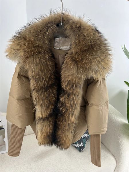 Grande gola de pele de raposa de prata real com manga de malha inverno casaco feminino pato branco para baixo jaqueta super moda outerwear luxo 240122