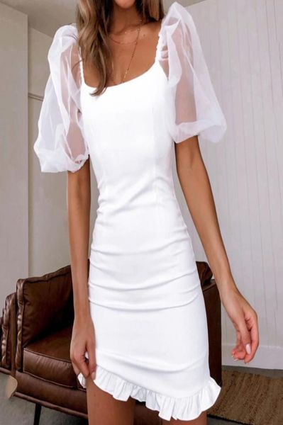 Casual Kleider Sexy Weißes Kleid Kurze Puffärmel Koreanische Bodycon Sommer Frauen Square Neck Solide Mini Lotus Blatt Vestidos4052983