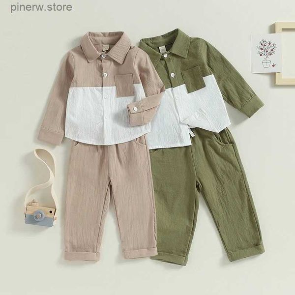 Set di abbigliamento Moda Autunno Bambini Set di abbigliamento per ragazzi Camicia casual a maniche lunghe con bottoni Top e pantaloni con coulisse in tinta unita Set di due pezzi