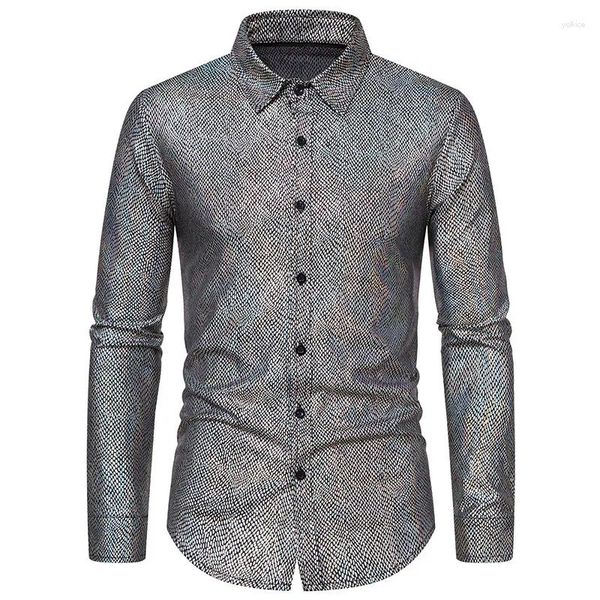 Camisas de vestido masculinas homens camisa de prata brilhante para festa primavera verão cobra manga longa banquete moda tendência baile palco chemise hombre