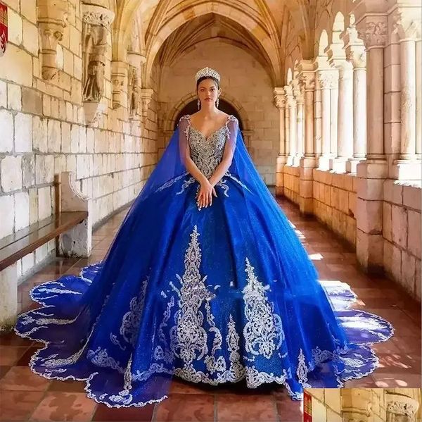 Quinceanera-Kleider, Königsblau, wunderschöne Kleider mit abnehmbarem langen Wickelkleid mit V-Ausschnitt, Perlen-Spitze-Applikationen, Party-Abschlussball-Kleider für Mädchen ab 15 Jahren