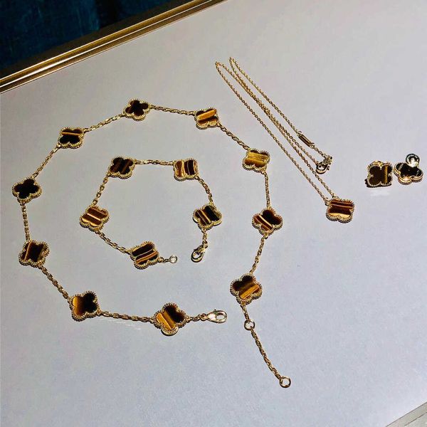 Designer Van cl-ap Hohe Version aus Roségold mit zehn Blumen und vierblättrigem Kleeblatt, 20 lange weiße Fritillaria-Pulloverkette mit schwarzem Achat