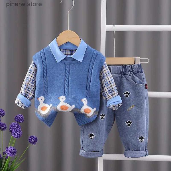 Conjuntos de roupas de natal para crianças ternos meninos conjuntos de roupas pato dos desenhos animados sem mangas colete de malha camisas jeans infantil roupas do bebê menino