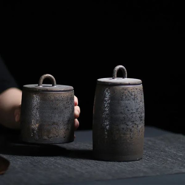 Contenitore per tè sigillato in ceramica giapponese Ceramica grossolana Grande barattolo di spezie vintage Contenitore per caramelle per la casa Contenitore per alimenti Contenitore 240119