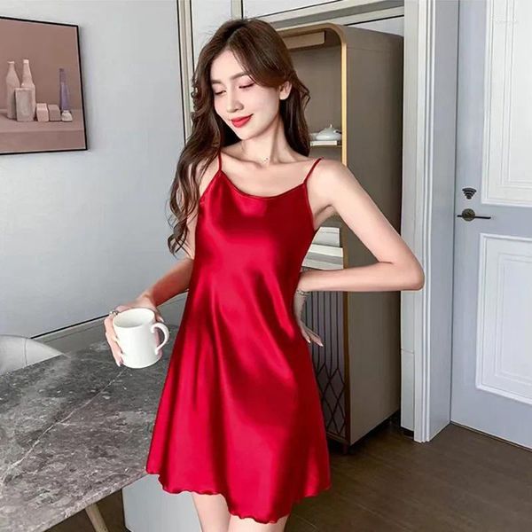 Vestidos casuais mulheres sexy pijamas seda suspender nightdress senhoras primavera e verão gelo fino halter serviço de casa pode ser usado fora