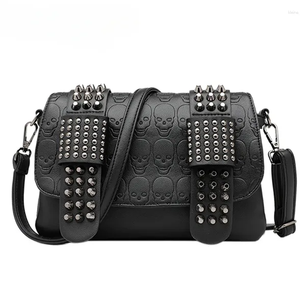 Sacos de cintura Mulheres Black Leather Messenger Bag Luxo Rebite Retro Sexy Crânio Punk Flip