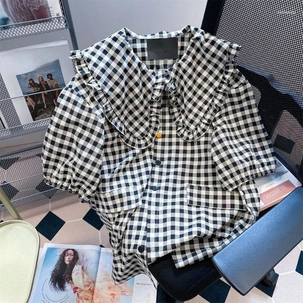 Camicette da donna Estate Donna Vintage Doll Plaid Chic Ladies Ulzzang Student All-match Stili Casual Accogliente Hipster Camicie con lacci