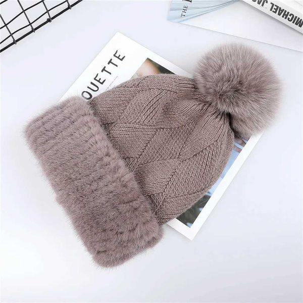 Beanie / Skull Caps Top Quality Mulheres Inverno Malha Lã Belend Patchwork Real Mink Fur Hat Cap Natural Fox Fur Pom Poms Beanie Lady Fashion 240125