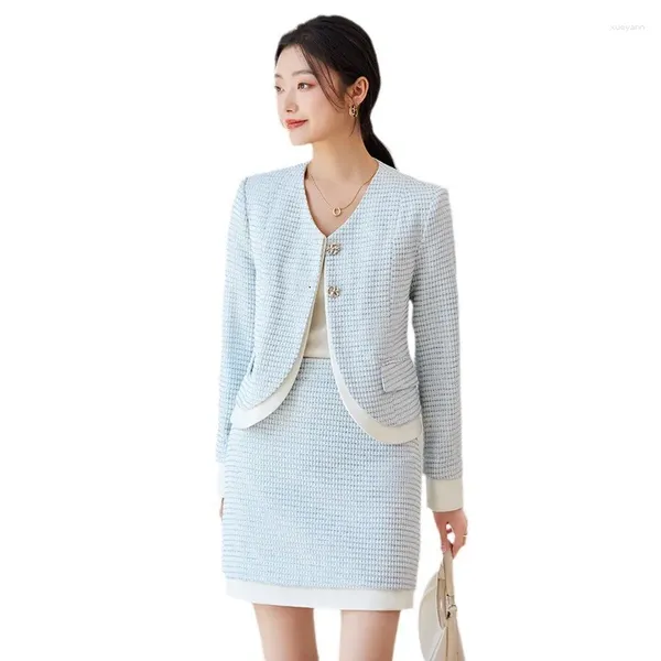 Zweiteiliges Kleid Hohe Qualität Casual Rock Anzug Frauen Weibliche Blau Weiß Plaid Langarm Set Für Damen Frühling Herbst Tragen