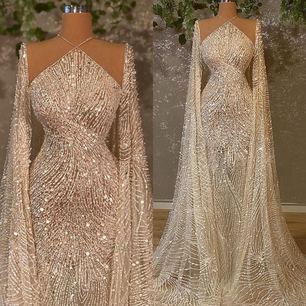 Vestidos de casamento estilo sereia, vintage, pérola, lantejoulas, frisado, pescoço cruzado, vestidos de noiva, capa transparente, vestidos de noiva feitos sob encomenda