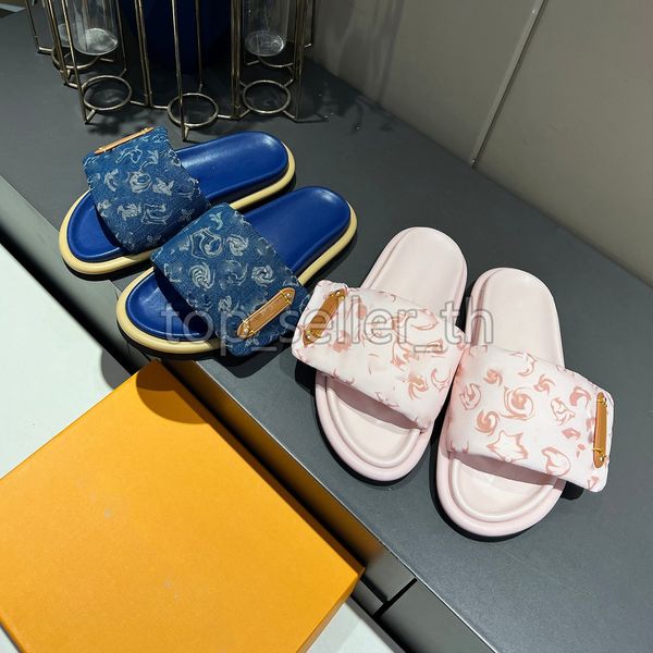 Tasarımcı terlik havuzu yastık konforu katır platformu sandal kadınlar daireler slayt yastıkları terlik lüks baskı pamuk sandalet