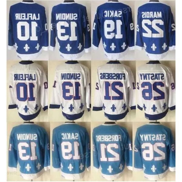 Homens Retro Hóquei 13 Mats Sundin Jersey Vintage Clássico 19 Joe Sakic 21 Peter Forsberg 26 Peter Stastny 10 Guy Lafleur Azul Marinho Branco Equipe 15