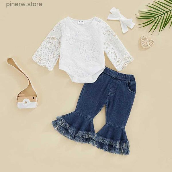 Kleidungssets Lioraitiin 0-18M Baby Mädchen 3 Stücke Herbst Frühling Outfits Langarm Rundhalsausschnitt Spitze Strampler Flare Jeans Set