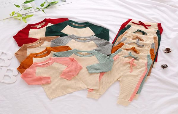 Bebê projeta conjuntos de roupas infantil pit strip emenda multi cor draw string manga longa camiseta calça terno roupas conjunto casual yl567941122