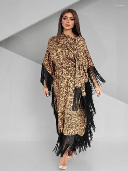 Roupas étnicas Eid Muçulmano Abaya Leopard Imprimir Vestido para Mulheres Tassel Bat Sleeve Árabe Dubai Marrocos Ramadan Long Robe Lindo Abayas Kaftan