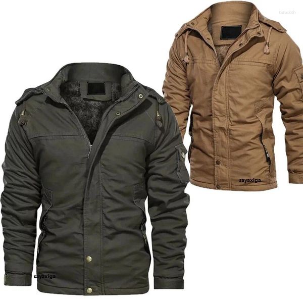 Jaquetas masculinas jaqueta de inverno forro de lã ao ar livre parkas casaco com capuz blusão militar oversize grosso quente multi-bolso bombardeiro