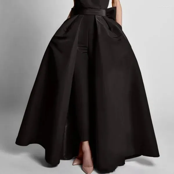 Vestidos de festa preto vestido de noite cetim saia destacável com arco frente fenda removível trem para vestidos de noiva vermelho baile overskirts