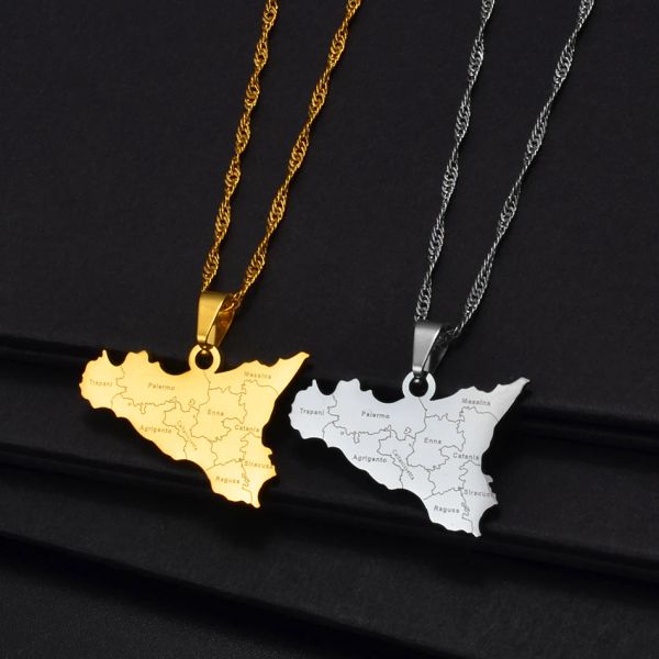 Nome delle città dell'Italia Sicilia Ma collane con ciondolo in oro giallo 14k, gioielli siciliani italiani color argento/dorato