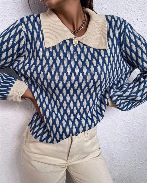 Frauen Pullover Argyle Geometrische Muster Revers Pullover Laterne Hülse Casual Pullover Für Mädchen Großhandel S-L