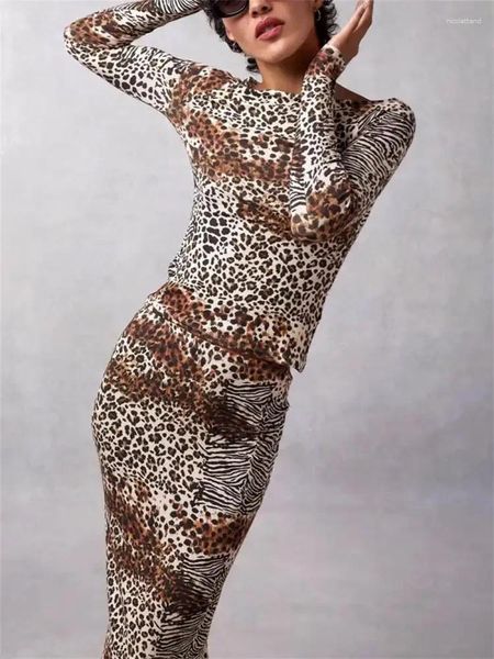 Röcke Herbst Frauen Leopard Gedruckt Dünne Anzug Oansatz Langarm Pullover Oder Hohe Taille Schlitz Rock