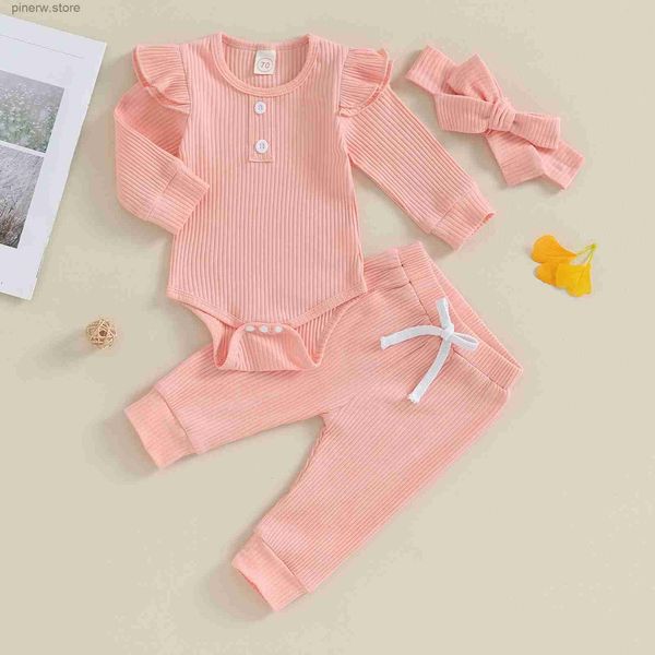 Kleidungssets Neugeborenes Baby Mädchen Kleidung Herbst Frühling Säuglingsoutfits Weiche Baumwolle Solide gerippte Langarm Strampler Hosen Stirnband 3-teiliges Kinderset