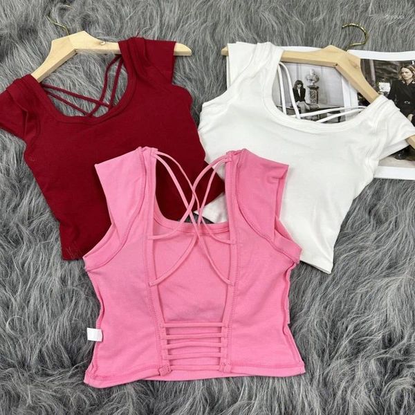 Serbatoi delle donne 2024 di Estate di Stile Coreano Crop Top Con Reggiseno Imbottito di Cotone Y2k Carro Armato Femminile Sottile Streetwear Gilet Rosso Solido magliette e camicette