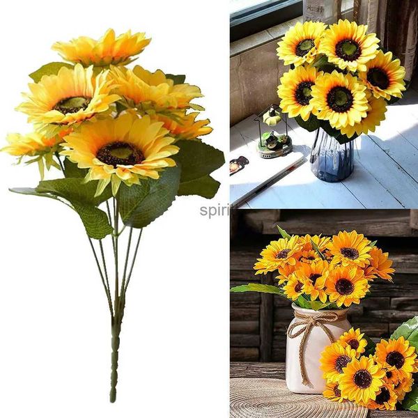 Künstliches Blumengrün, 1 Bündel, 7 Köpfe, künstliche Sonnenblumen, 29 cm, Sträucher, gefälschter Blumenstrauß für Garten, Buchhandlung, Hochzeit, Café, Geschäft, Party-Dekoration YQ240125