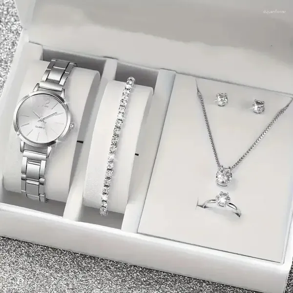 Наручные часы, 6 шт., роскошные ювелирные изделия со стразами, женские кольца, ожерелье, серьги, браслет, простой цифровой стальной ремешок, кварцевые часы