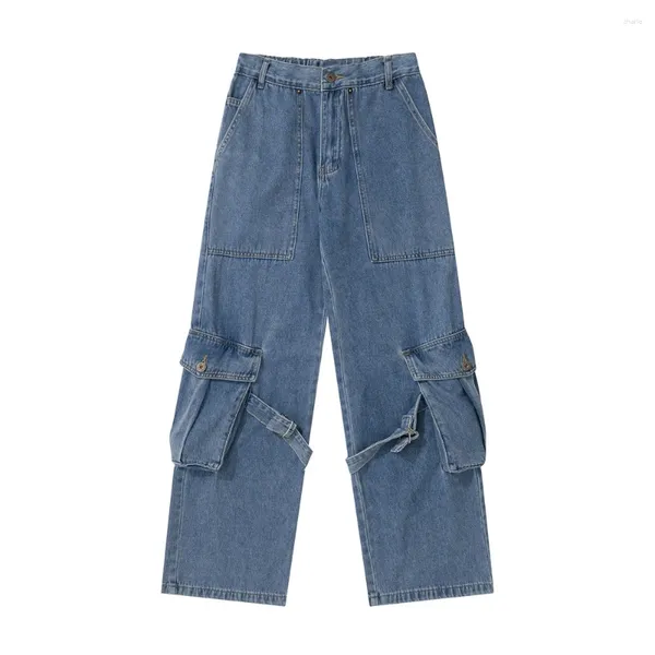 Jeans da uomo Pantaloni cargo Uomo Tasche grandi Retro Dritto Allentato Tinta unita Vita elastica Gamba larga Casual a figura intera High Street