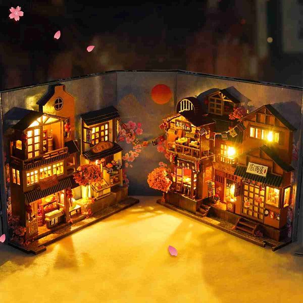 Diğer Masa Dekorasyon Aksesuarları 3D Ahşap Bulmaca Diy Kitap Kiti Kiti Kitap Raf Ekleme Alley Minyatür Dollhouse Model Bina Seti Ev YQ240125