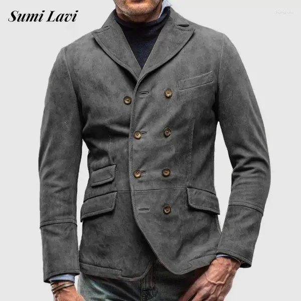 Мужские куртки 2024, весенние мужские винтажные однотонные двубортные пальто с лацканами с длинными рукавами, мужская модная одежда, зимняя уличная верхняя одежда