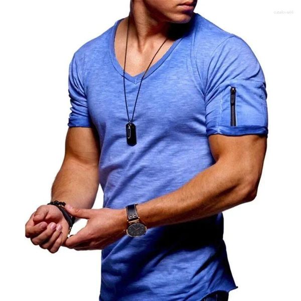 Camiseta masculina 2024 com decote em v camiseta fitness musculação high street verão de manga curta zíper casual algodão topo