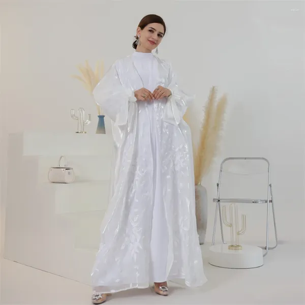 Abbigliamento etnico Ricamo bianco Lucido Donna Musulmana Abito lungo Abaya aperto Turchia Caftano Dubai Saudi Eid Ramadan Kimono Abito con maniche a sbuffo
