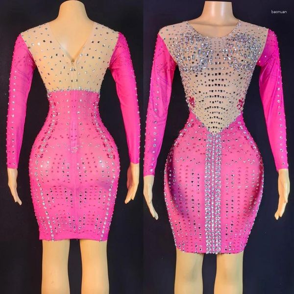 Bühnenkleidung Rosa Silber Strass Kleid Frauen Party Feiern Abendkleider Langärmelige Tänzerin Kostüm Festival Outfit XS6873