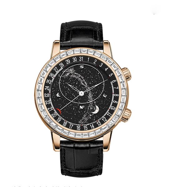 Relógio masculino 6104 estrela dial caixa de aço inoxidável movimento mecânico automático pulseira de couro vidro safira