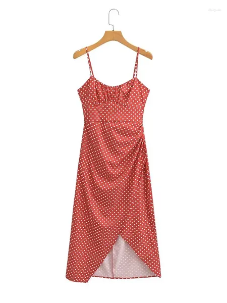 Casual Kleider YENKYE 2024 Frauen Vintage Gepunktete Rote Korsett Stil Sling Kleid Sexy Front Schlitz Geraffte Seiten Weibliche Urlaub Sommer