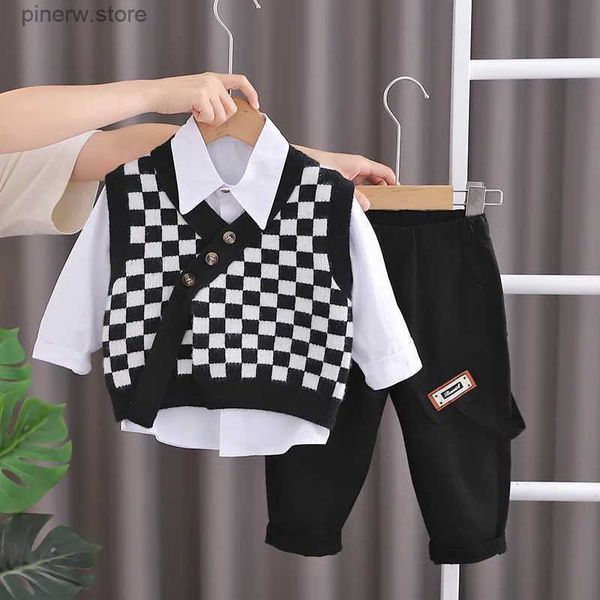 Conjuntos de roupas terno infantil primavera outono bebê meninos xadrez malha sem mangas colete + camisas de lapela + calças casuais conjunto de três peças