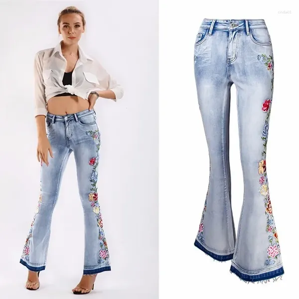 Jeans da donna da donna a vita alta svasati ricamati blu da donna streetwear skinny vintage femminili pantaloni di jeans alla moda sexy