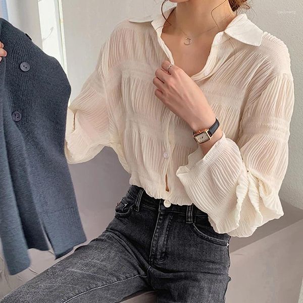 T-shirt da donna Donna Casual Manica lunga Colletto rovesciato T-shirt solida 2024 Primavera Vintage Elegante chiffon femminile Flare Top