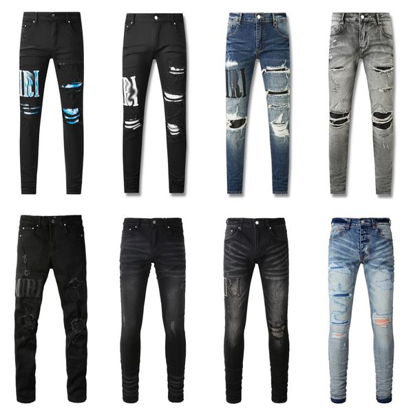 Lila Designer-Jeans, Herren-Jeans, Designer-Hosen, Herren, amerikanische High Street, silbernes Patchwork, zerrissenes Leder, Paar-Stil, Außenhandel, grenzüberschreitende schwarze Jeans