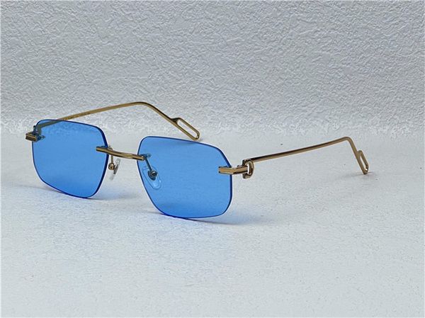 Meistverkaufte Großhandelssonnenbrille 0113, ultraleicht, unregelmäßig, rahmenlos, Retro-Avantgarde-Design, UV400, helle farbige Gläser, dekorative Brille